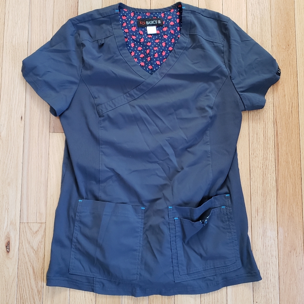 Koi Basics Womens Scrub Top Gray S Katie 374 V-neck Pockets Pullover Stretch